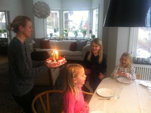 Yesterday was Tilde's and Stella's seventh birthdays.  They had a lot of special food orders: Breakfast: scones and banana pancakes Lunch: Roast chicken and pesto pasta Dinner: Lasagna Dessert: Strawberry cake
